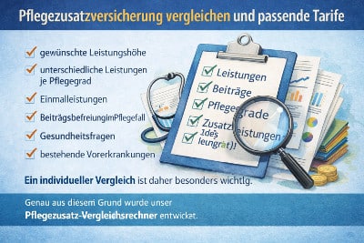 Illustration zum Vergleich von Pflegezusatzversicherung Tarifen mit verschiedenen Versicherern und Leistungsoptionen wie Pflegegrad, Leistungen und Beiträgen.