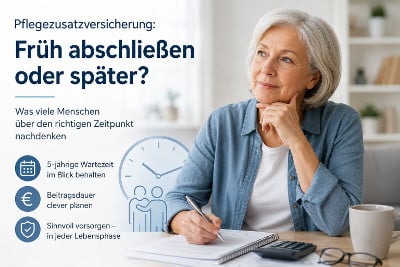 Seniorin informiert sich über den richtigen Zeitpunkt für eine Pflegezusatzversicherung ohne Gesundheitsprüfung.